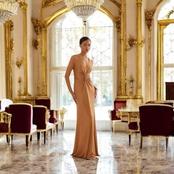 Lauren Ralph Lauren Dresses & Skirts - NWT Ralph Lauren Bronze Gold Women's V neck Twist Front Long sleeve Gown SZ 8